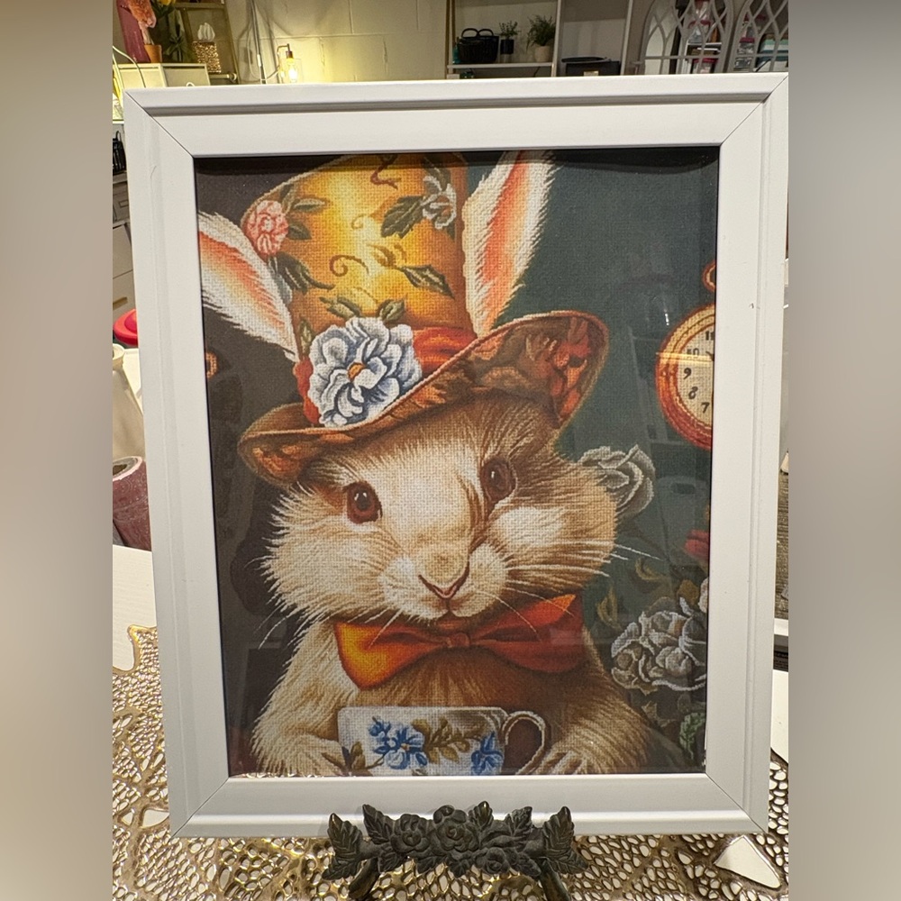 Whimsical Tea Time Rabbit Framed 8x10 Print with Floral Hat